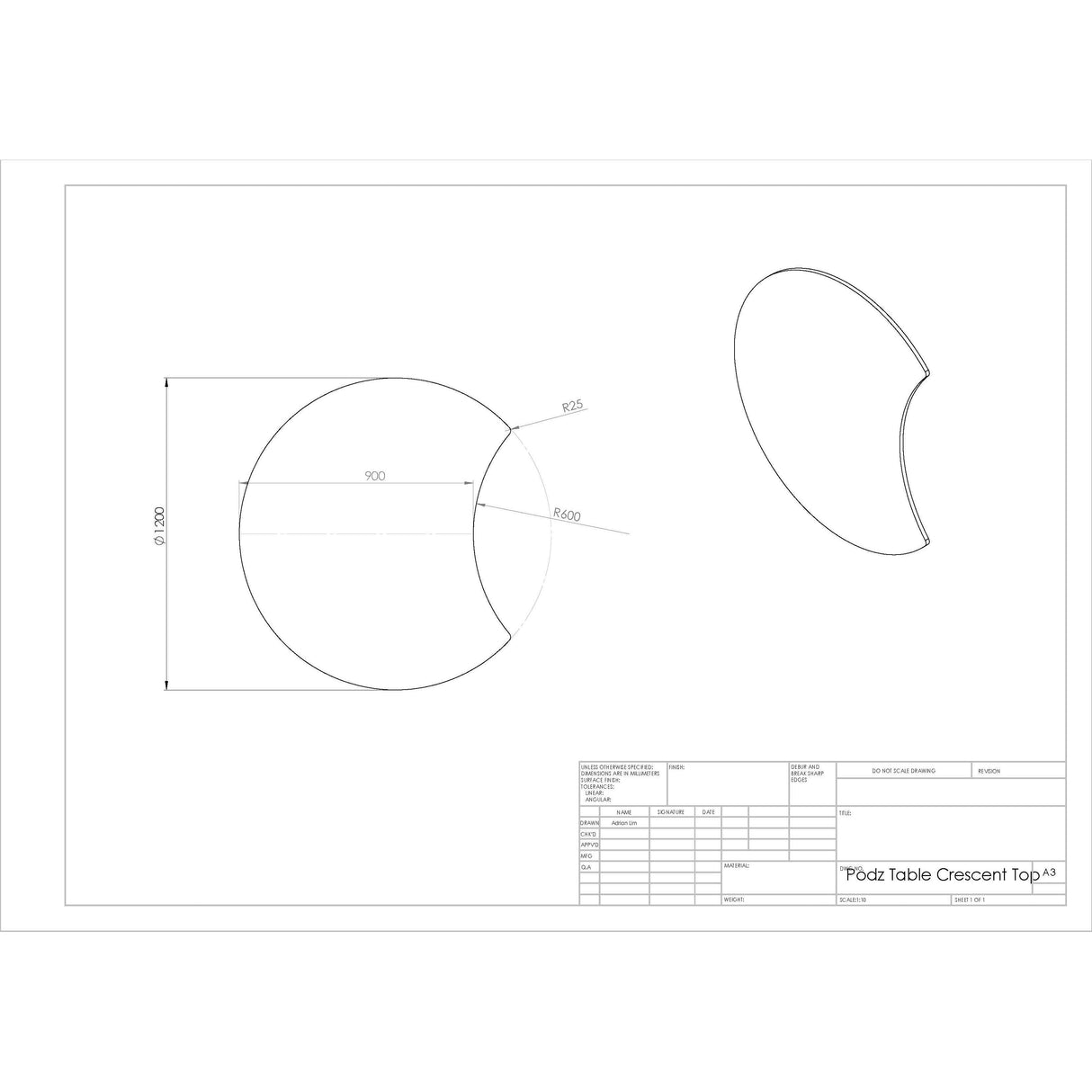 Podz Fixed Leg Crescent Table (In Stock)